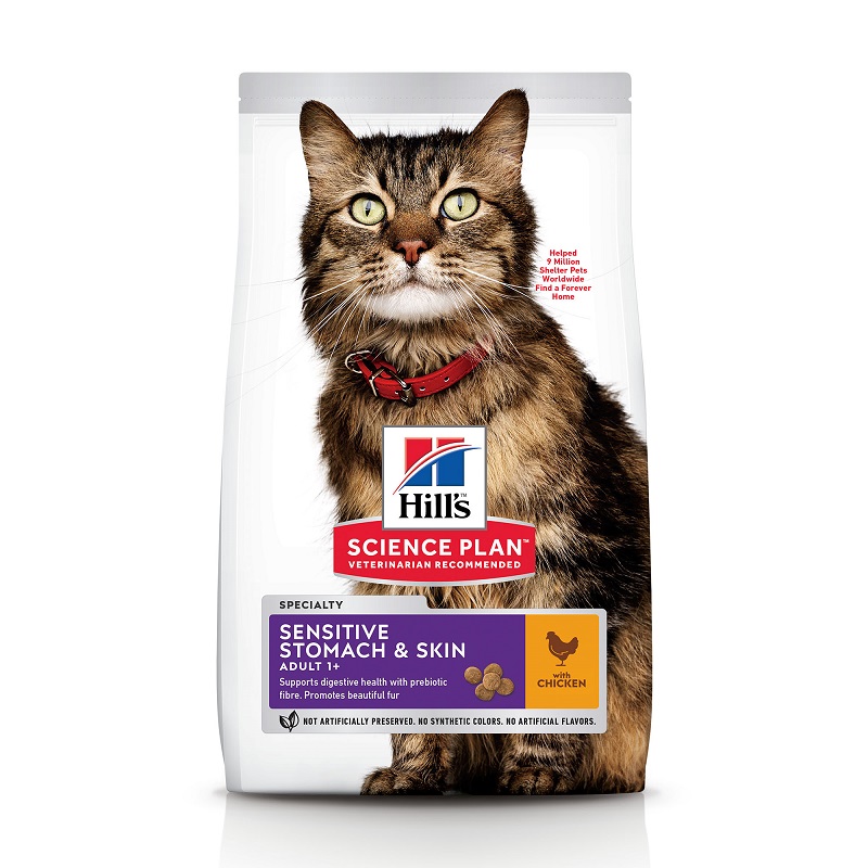 Hrana cu pui pentru pisici Adult Sensitive Stomach & Skin, 300 g, Hill's SP