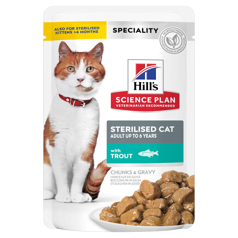 Hrana cu pastrav pentru pisici Sterilised Cat Adult, 85 g, Hill's SP