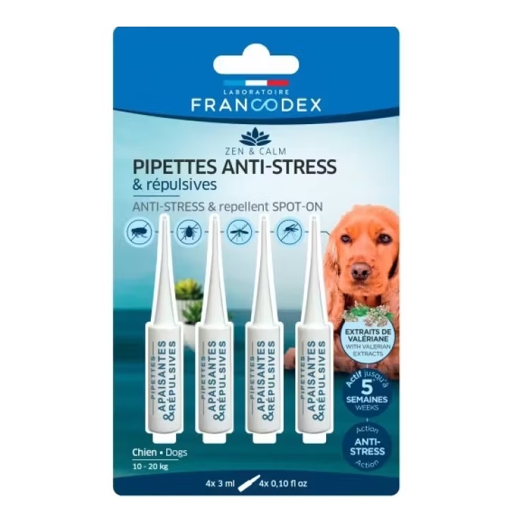 Pipete Antistres & Repelente Antiparazitare pentru câini de 10-20 kg Spot On Repulsiv Antistres Dog Medium, 4x3 ml, Francodex