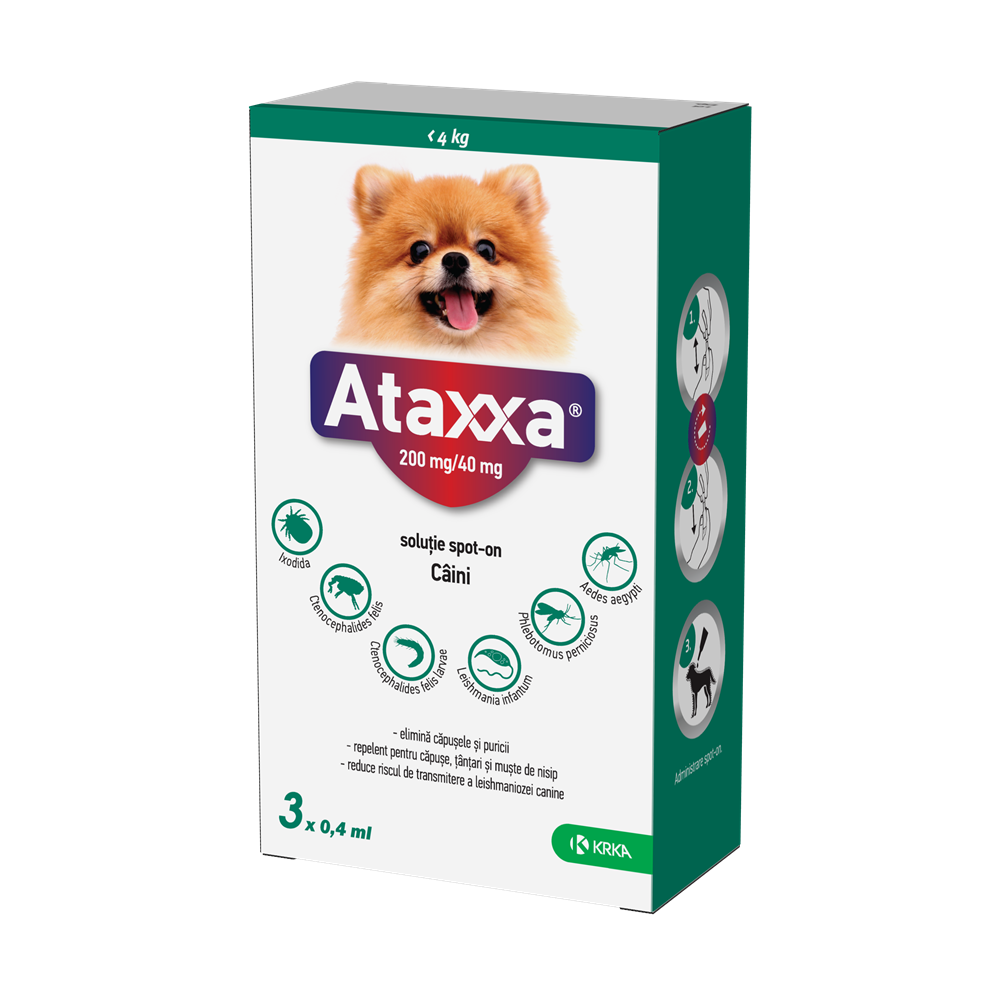 Antiparazitar extern pentru caini <4 Kg, 100+500 mg/ml, 3 pipete x 0.4 ml, Ataxxa 40