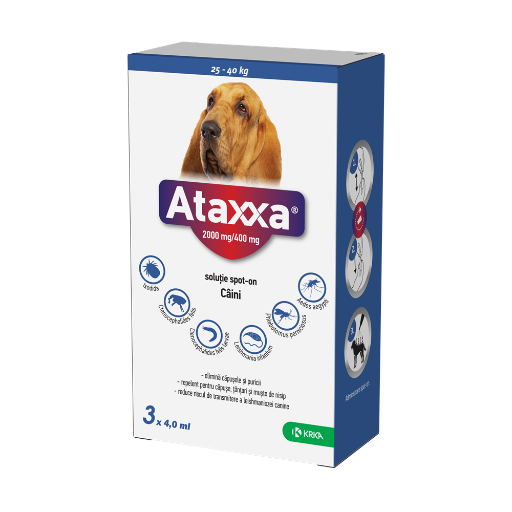 Antiparazitar extern pentru caini >25 Kg, 100+500 mg/ml, 3 pipete x 4 ml, Ataxxa 400