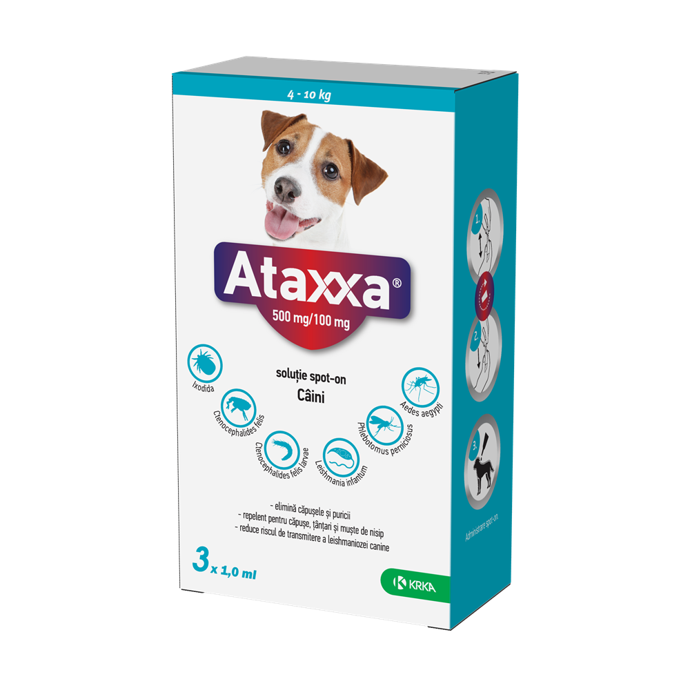 Antiparazitar extern pentru cain 4-10 Kg, 100+500 mg/ml, 3 pipete x 1 ml, Ataxxa 100