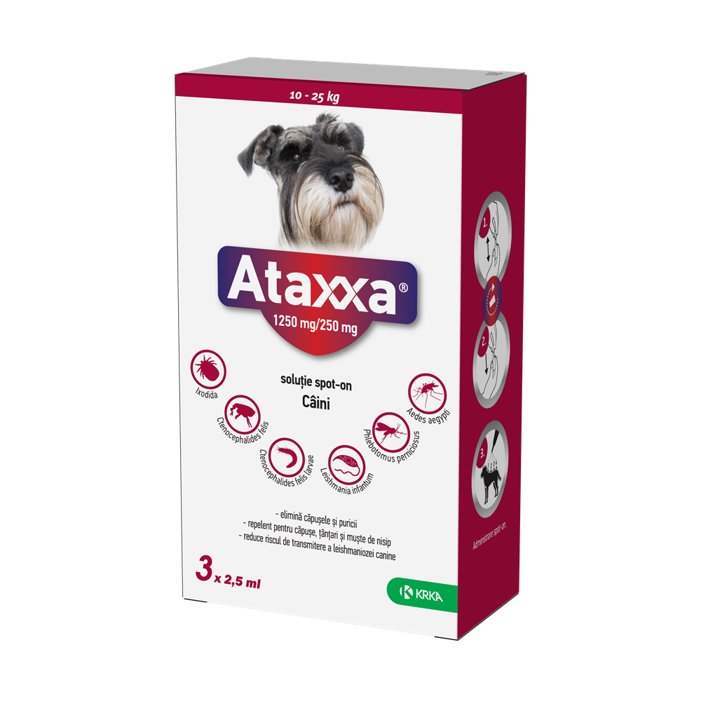 Antiparazitar extern pentru caini 10-25 Kg, 100+500 mg/ml, 3 pipete x 2.5 ml, Ataxxa 250