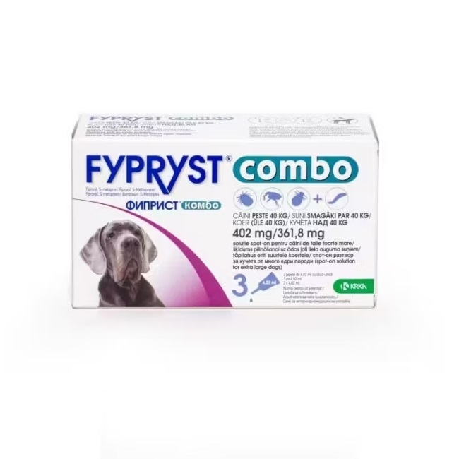 Pipete antiparazitare pentru caini de talie foarte mare 40-60 kg Fypryst Combo Dog XL 402 mg, 3 pipete, Krka