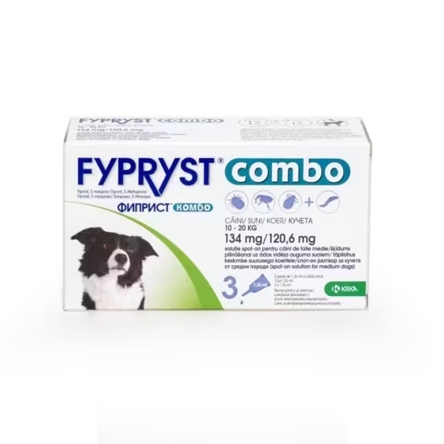 Pipete antiparazitare pentru caini de talie medie 10-20 kg Fypryst Combo Dog M 134 mg, 3 pipete, Krka