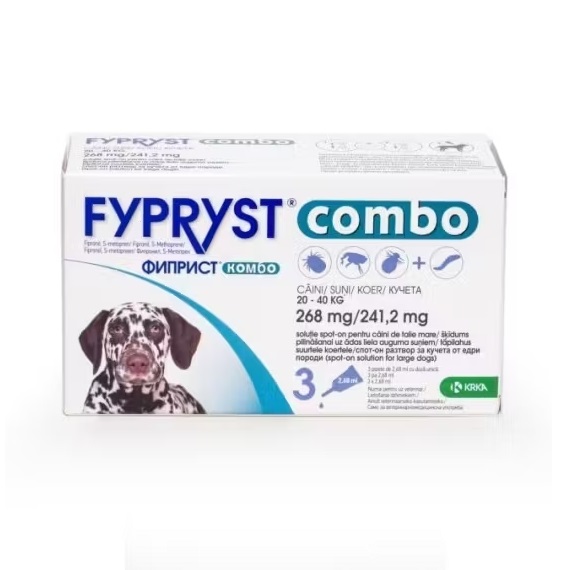 Pipete antiparazitare pentru caini de talie mare 20-40 kg Fypryst Combo Dog L 268 mg, 3 pipete, Krka