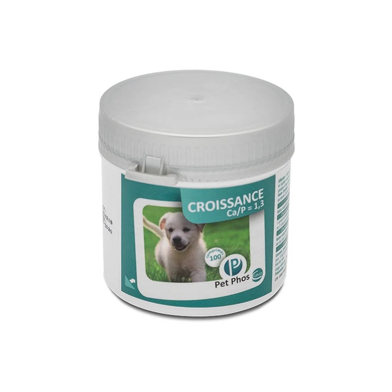 Supliment vitamino-mineral pentru caini juniori de talie mica si medie Pet Phos Croissance Ca/P= 1,3, 100 comprimate divizabile, Ceva Sante