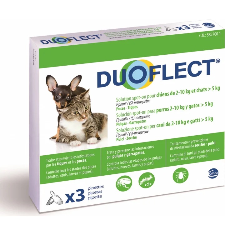 Solutie spot on antiparazitara pentru caini 2-10 kg si pisici +5 kg Duoflect, 3 pipete, Ceva Sante