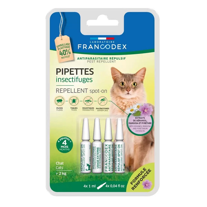 Pipete repelente antiparazitare cu geraniol pentru pisici 2 kg+, 4 X 1 ml, Francodex