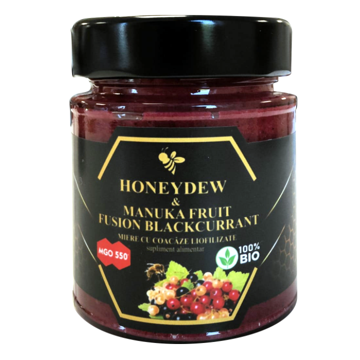Miere bio cu coacaze liofilizate Honeydew & Manuka Fruit Fuzion MGO 500, 200 g, Alcos Bioprod