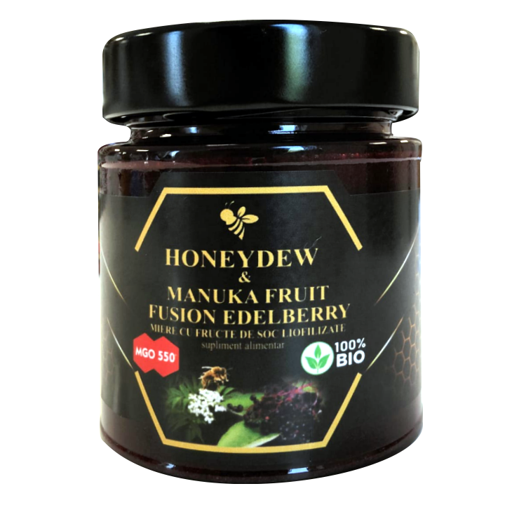 Miere bio cu fructe de soc liofilizate Honeydew & Manuka Fruit Fuzion MGO 500, 200 g, Alcos Bioprod