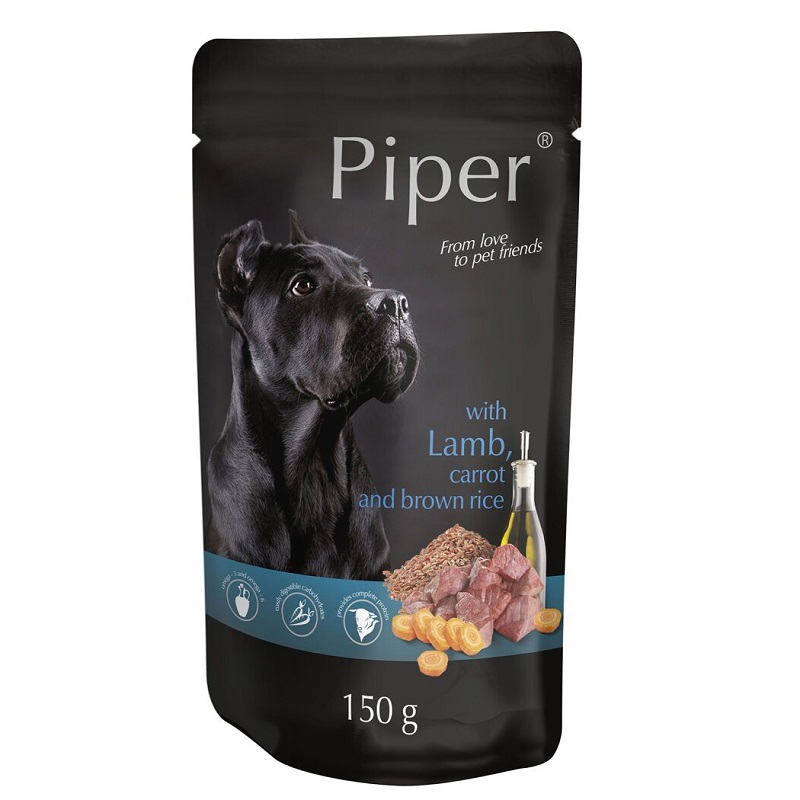 Hrana umeda pentru caini cu carne de miel, morcovi si orez brun Adult, 150 g, Piper