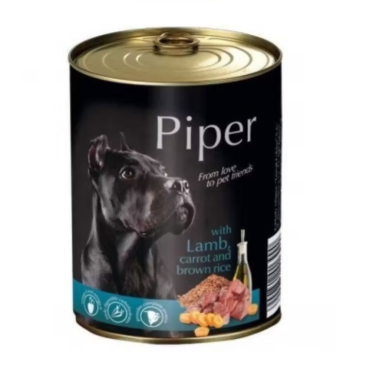 Hrana umeda pentru caini cu carne de miel, morcovi si orez brun Adult, 400 g, Piper