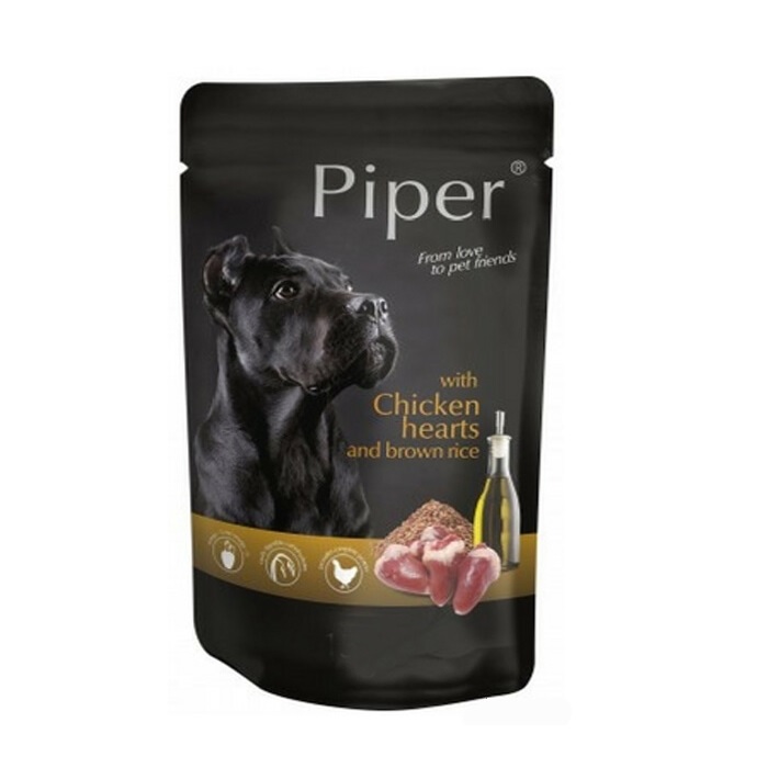 Hrana umeda pentru caini cu inimi de pui si orez brun Adult, 150 g, Piper