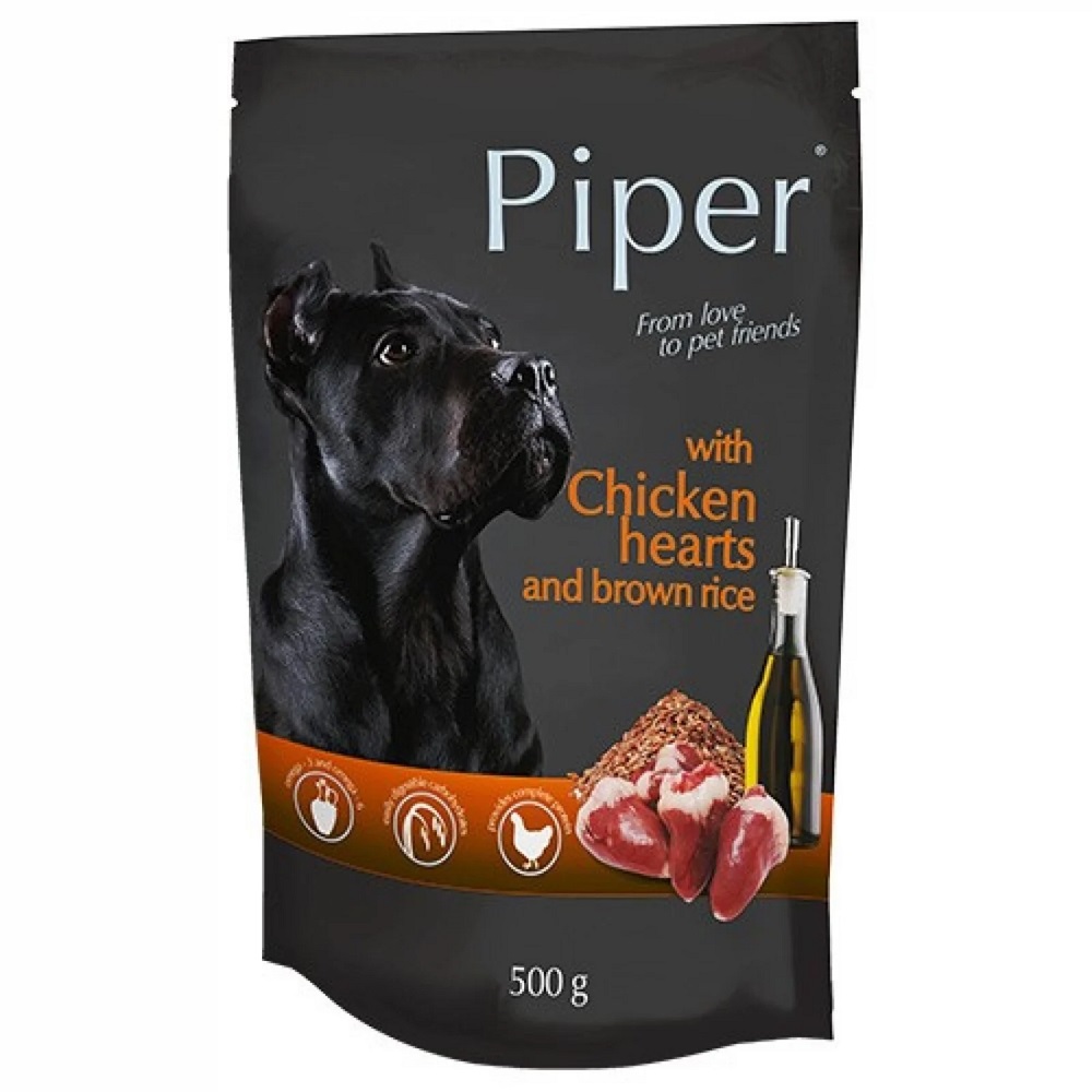 Hrana umeda pentru caini cu inimi de pui si orez brun Adult, 500 g, Piper