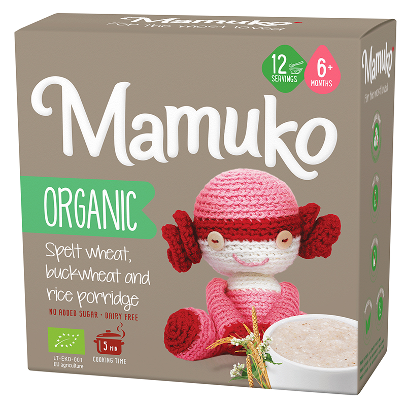 Porridge din spelta hrisca si orez Bio fara zahar pentru copii, +6 luni, 200 g, Mamuko