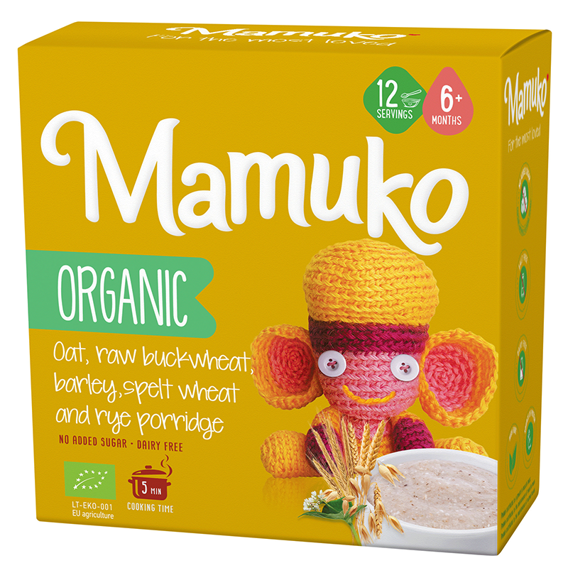 Porridge din ovaz hrisca orz spelta si secara Bio fara zahar pentru copii, +6 luni, 200 g, Mamuko