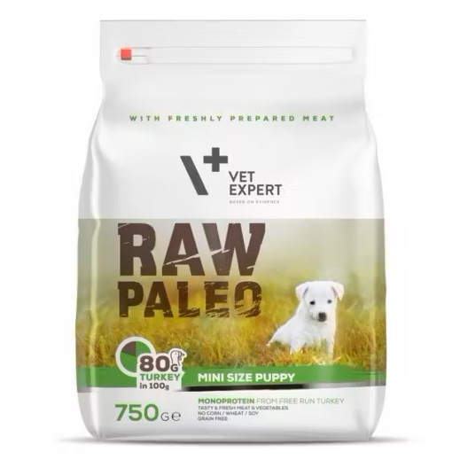 Hrana uscata cu curcan pentru caini Mini Puppy Raw Paleo, 750 g, VetExpert