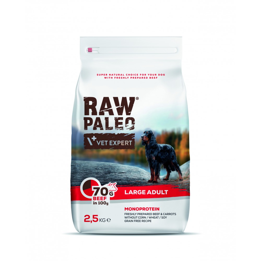 Hrana uscata cu carne de vita pentru caini de talie mare Raw Paleo Beef Adult Large, 2,5 kg, VetExpert