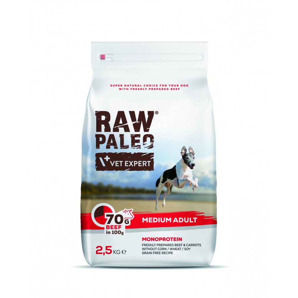 Hrana uscata cu carne de vita pentru caini de talie medie Raw Paleo Beef Adult Medium, 2,5 kg, VetExpert