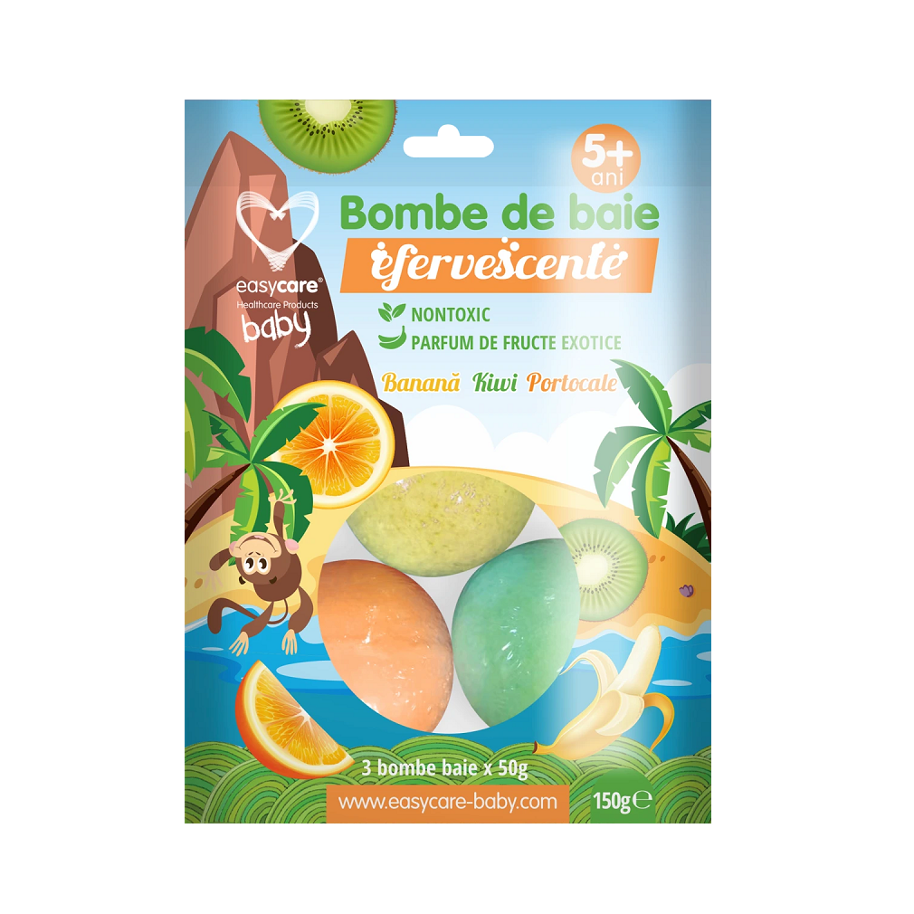 Bombe de baie efervescente copii fructe exotice, 3 bucati, Easycare Baby