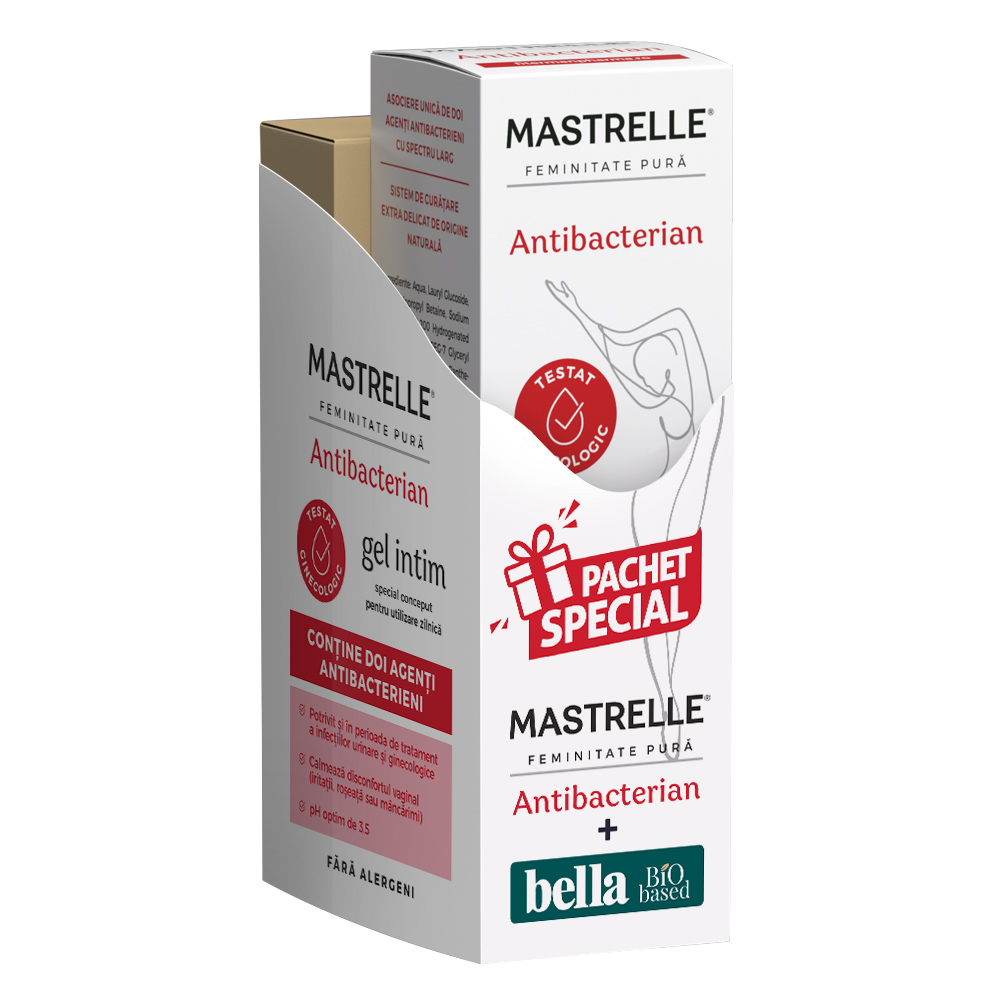 Pachet Mastrelle gel intim antibacterian, 200 ml + Absorbante igienice Bella Bio based normal, 28 bucati, Fiterman