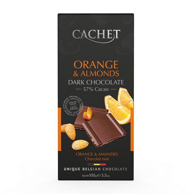Ciocolata amaruie cu bucati de portocale si migdale, 100g, Cachet
