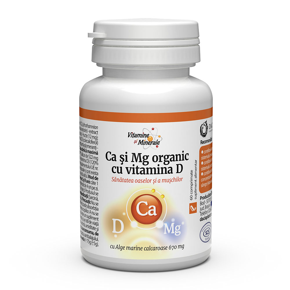 Calciu si magneziu Organic cu vitamina D, 60 comprimate, Dacia Plant