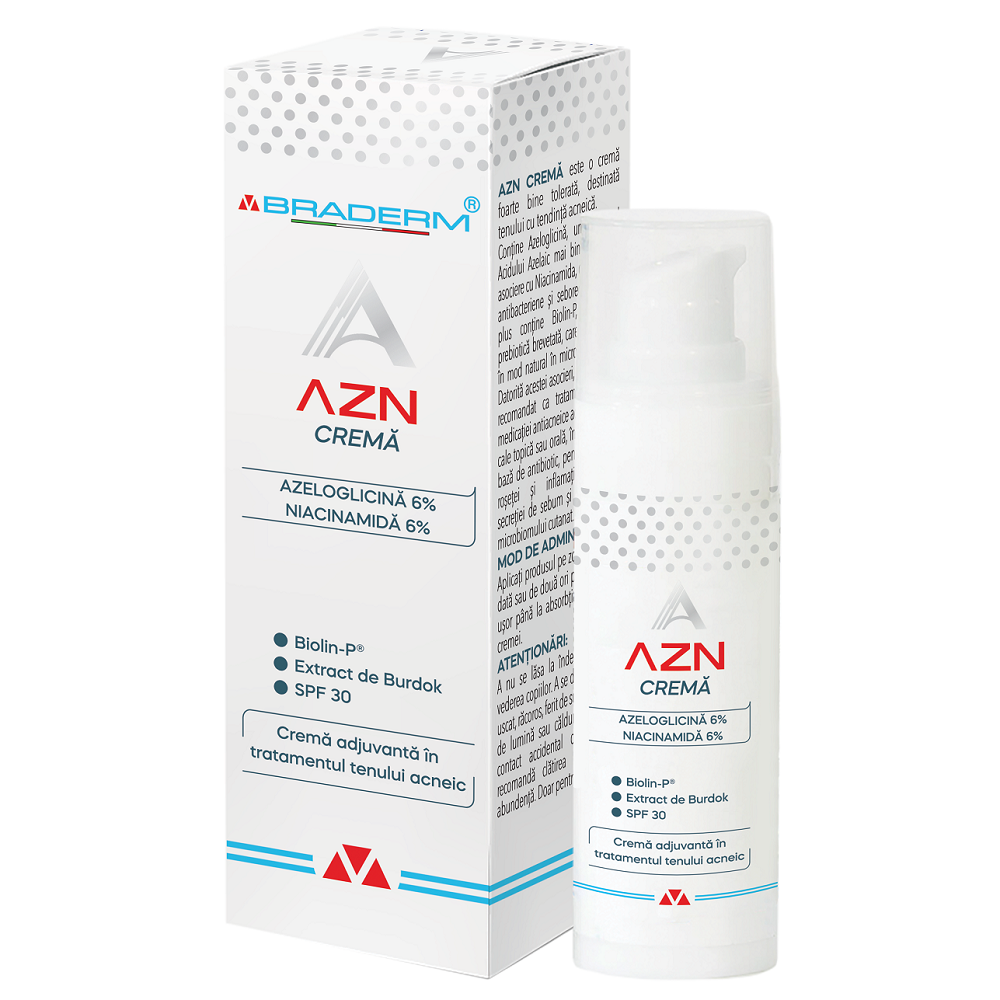 Crema adjuvanta in tratamentul tenului acneic AZN, 30 ml, Braderm