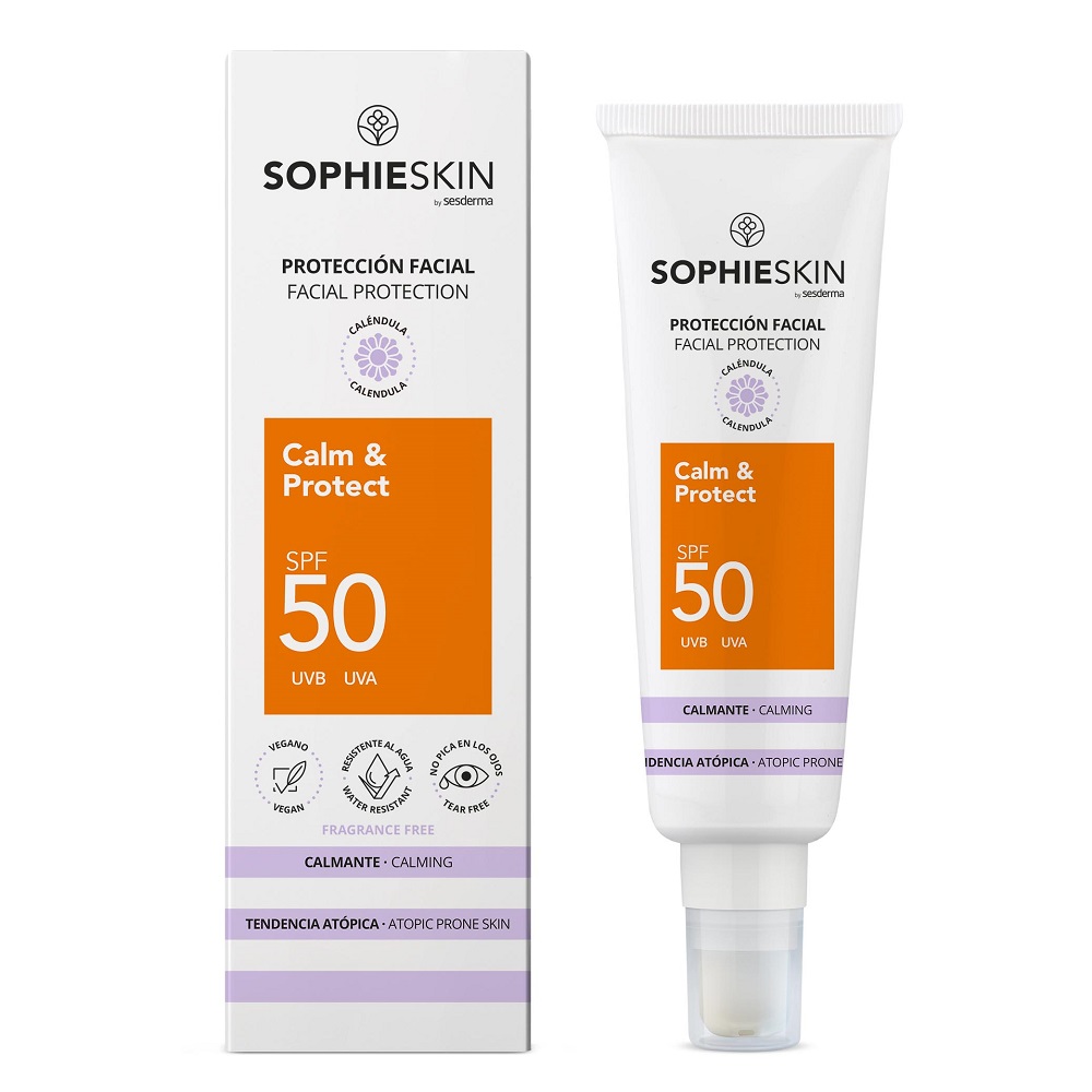 Crema pentru ten sensibil si atopic cu protectie solara SPF 50 Calm & Protect Facial Protection, 50 ml, Sophieskin