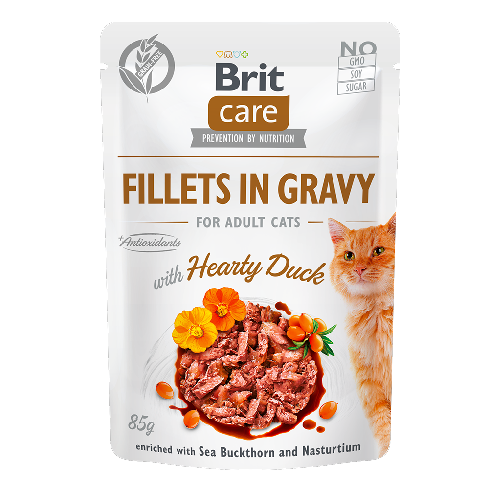 Hrana umeda cu fileuri de rata pentru pisici Brit Care Fillets in Gravy With Hearty Duck, 85 g, Brit