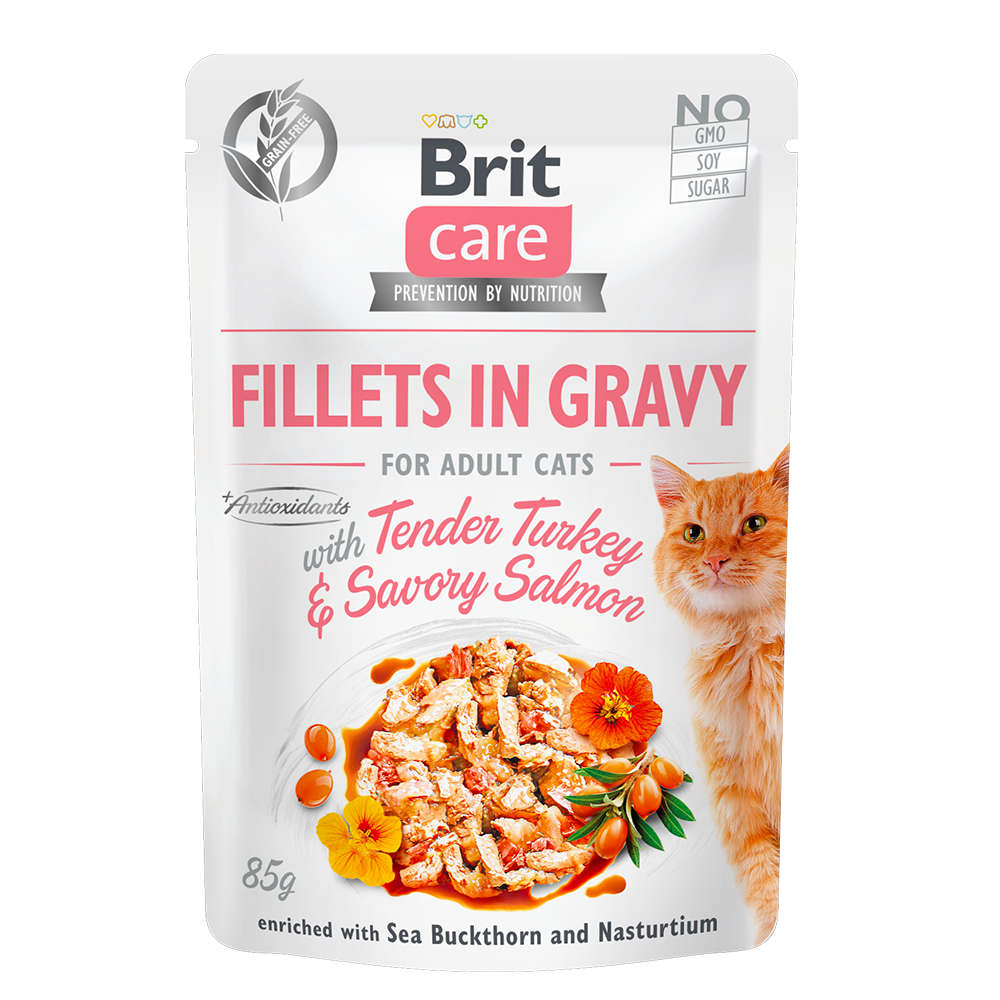 Hrana umeda cu fileuri de curcan si somon pentru pisici Brit Care Fillets in Gravy With Tender Turkey and Savory Salmon, 85 g, Brit