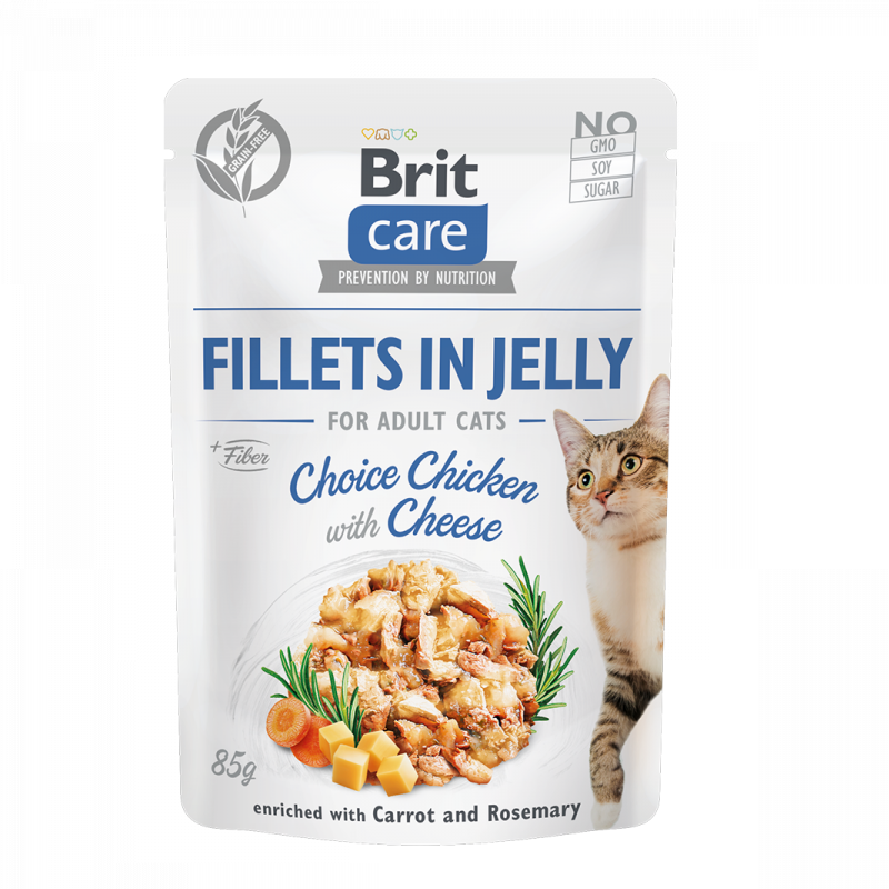 Hrana umeda cu pui si branza pentru pisici Brit Care Fillets in Jelly Choice Chicken With Cheese, 85 g, Brit