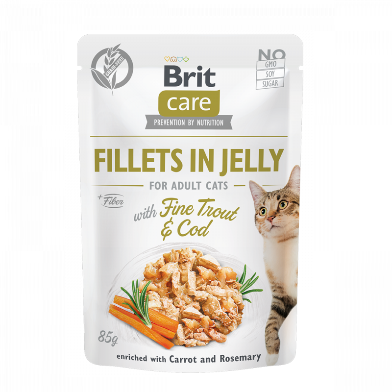 Hrana umeda cu fileuri de pastrav si cod pentru pisici Brit Care Fillets in Jelly Pouch Trout & Cod, 85 g, Brit