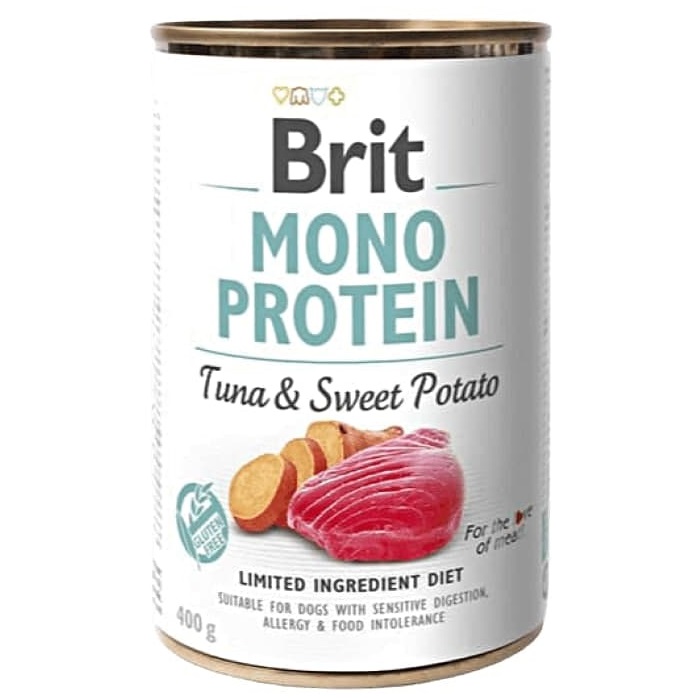 Hrana umeda cu ton si cartof dulce pentru caini Mono Protein, 400 g, Brit