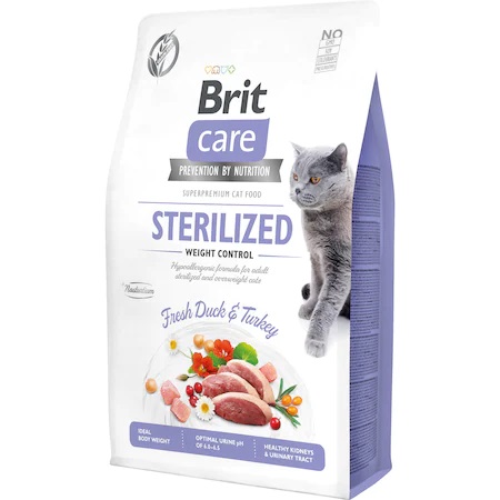 Hrana uscata cu rata si curcan pentru pisici sterilizate Brit Care GF Sterilized Weight Control, 2 kg, Brit