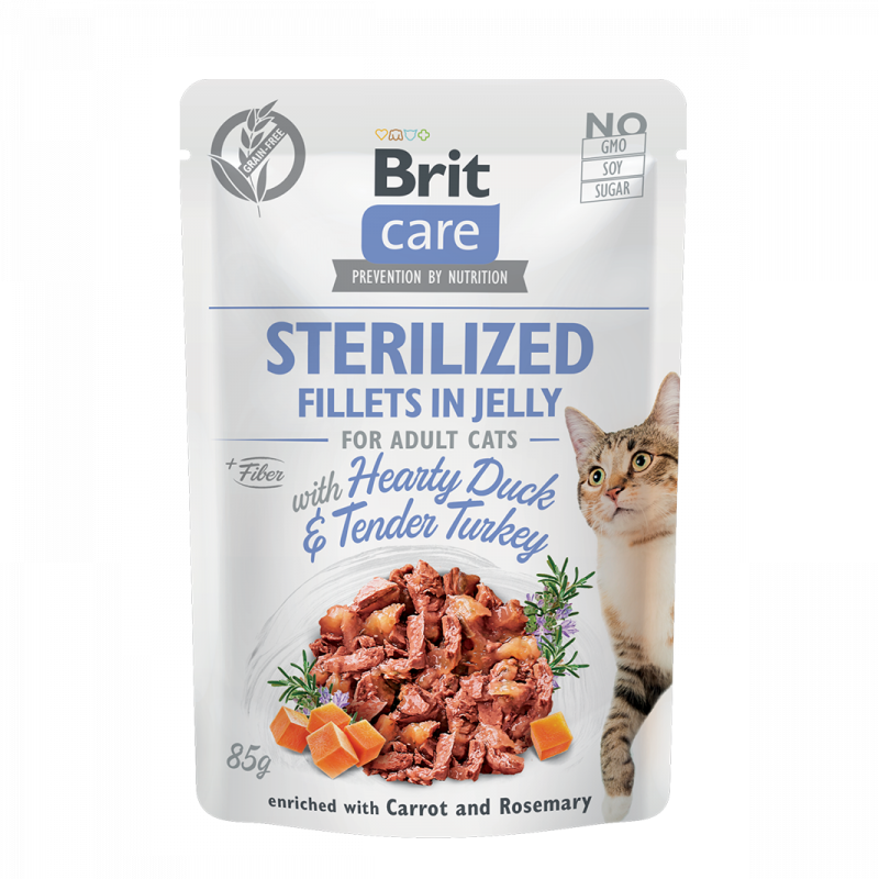 Hrana umeda cu fileuri de rata si curcan pentru pisici Brit Care Cat Pouch Sterilized, 85 g, Brit