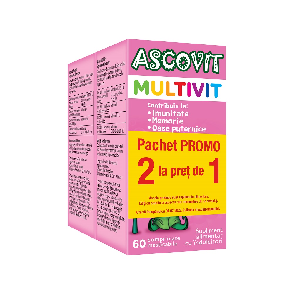 Pachet Ascovit Multivit cu aroma de zmeura, 60 + 60 comprimate, Omega Pharma