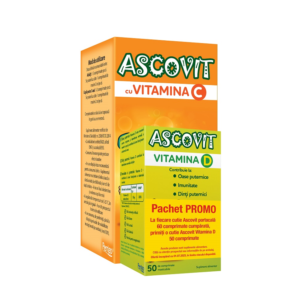 Ascovit cu Vitamina C aroma de portocala 60 comprimate + Ascovit Vitamina D 50 comprimate, Perrigo