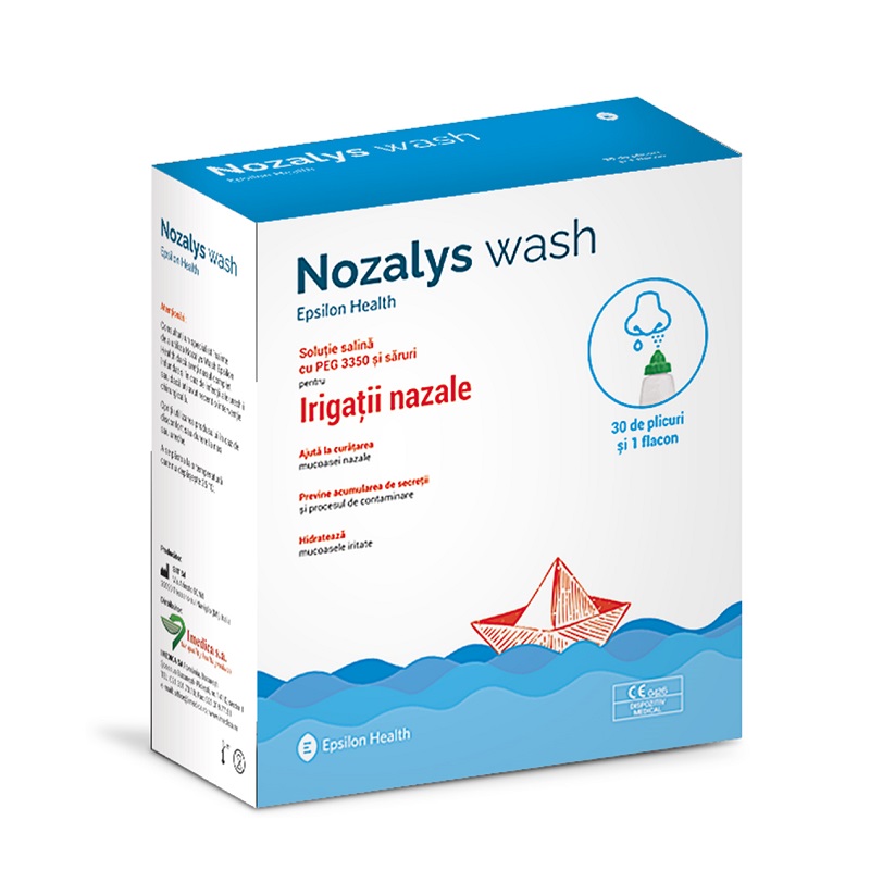 Solutie salina pentru irigatii nazale + dispozitiv Nozalys Wash, 30 plicuri + 1 flacon 240 ml, Epsilon Health