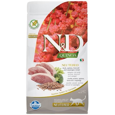 Hrana uscata cu rata, brocoli, sparanghel si quinoa pentru pisici N&D Sterilised, 1.5 kg, Farmina