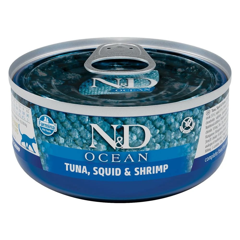 Hrana umeda cu ton, calamar si creveti pentru pisici N&D Ocean Adult, 70 g, Farmina