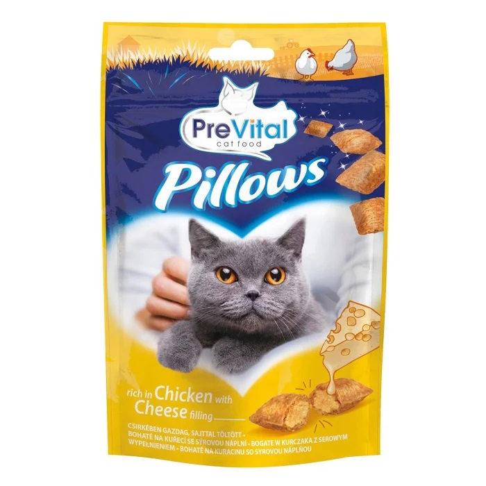 Snackuri cu pui si branza pentru pisici Pillows, 60 g, Prevital