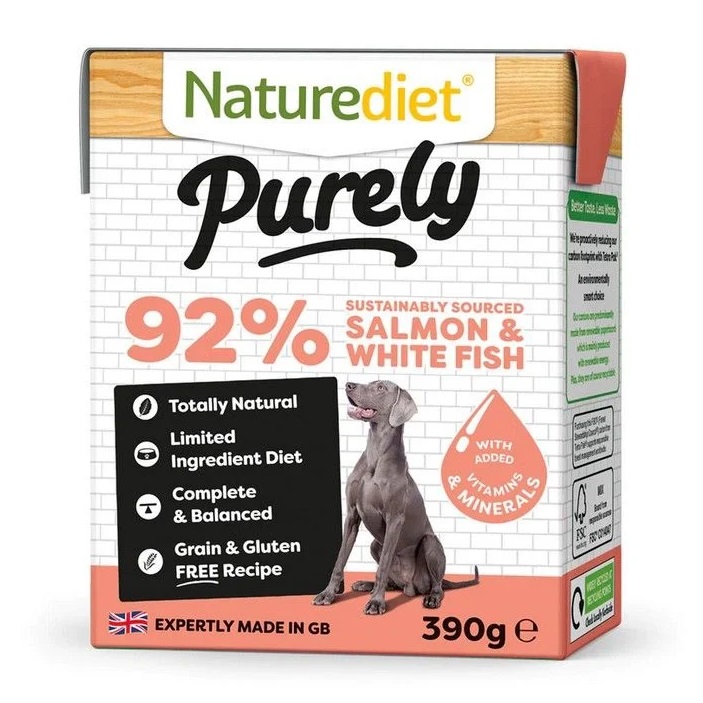 Hrana umeda cu somon pentru caini Hipoalergenic Pate Purely Salmon White Fish, 390 g, NatureDiet