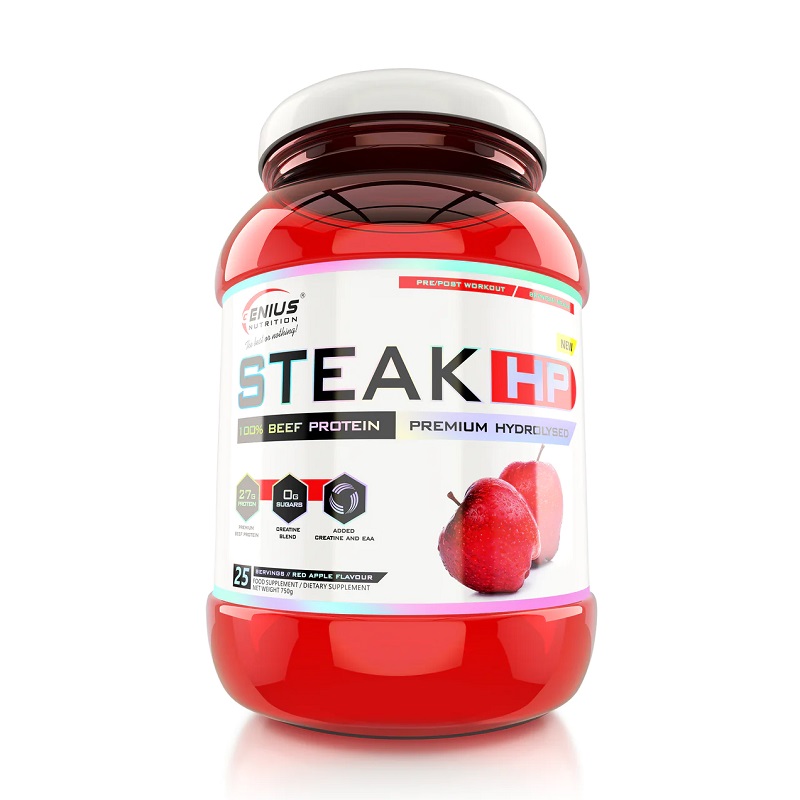 Pudra proteica din carne de vita cu aroma de mar rosu Steak-HP Red Apple, 750 g, Genius Nutrition