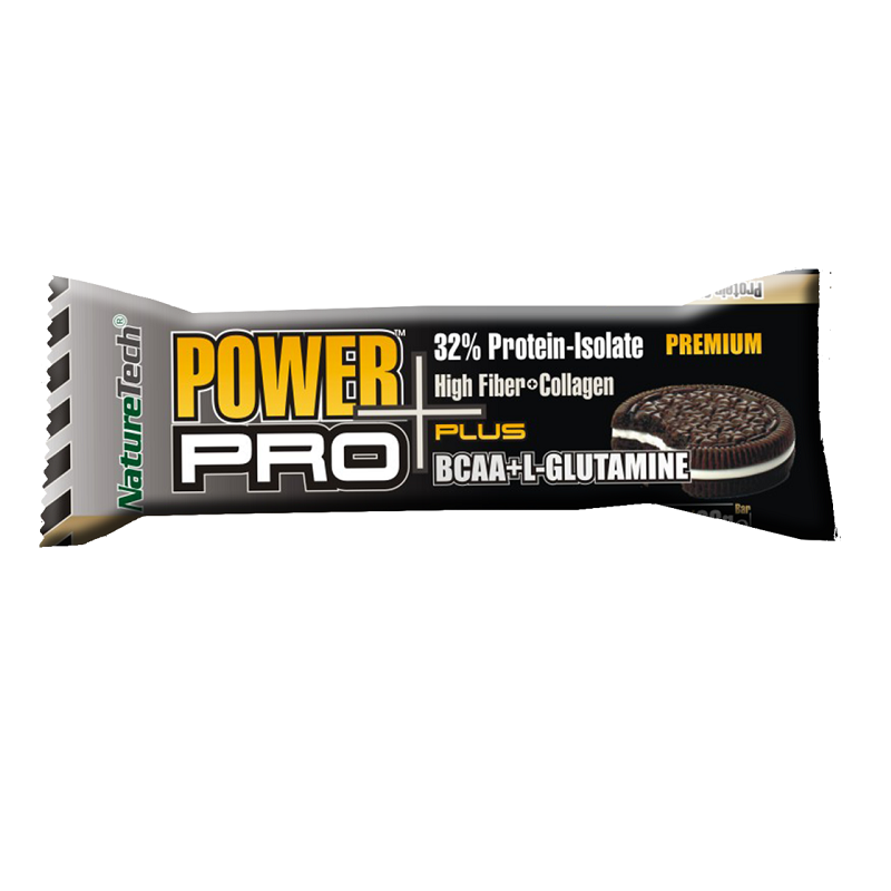 Baton POWER PRO PLUS 32% proteina, cu BCAA si L-GLUTAMINA, cu cookies si frisca, 80g, Nature Tech