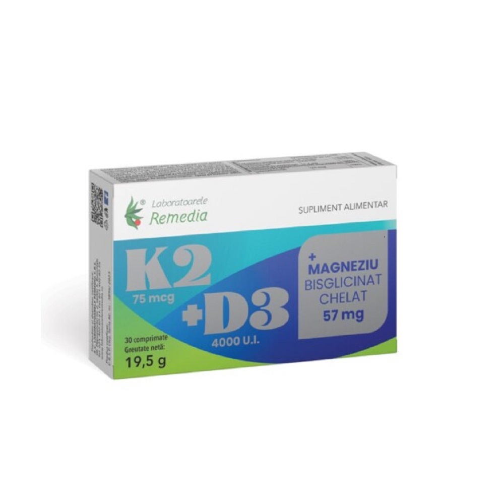 K2+D3+Magneziu bisglicinat chelat, 30 comprimate, Remedia