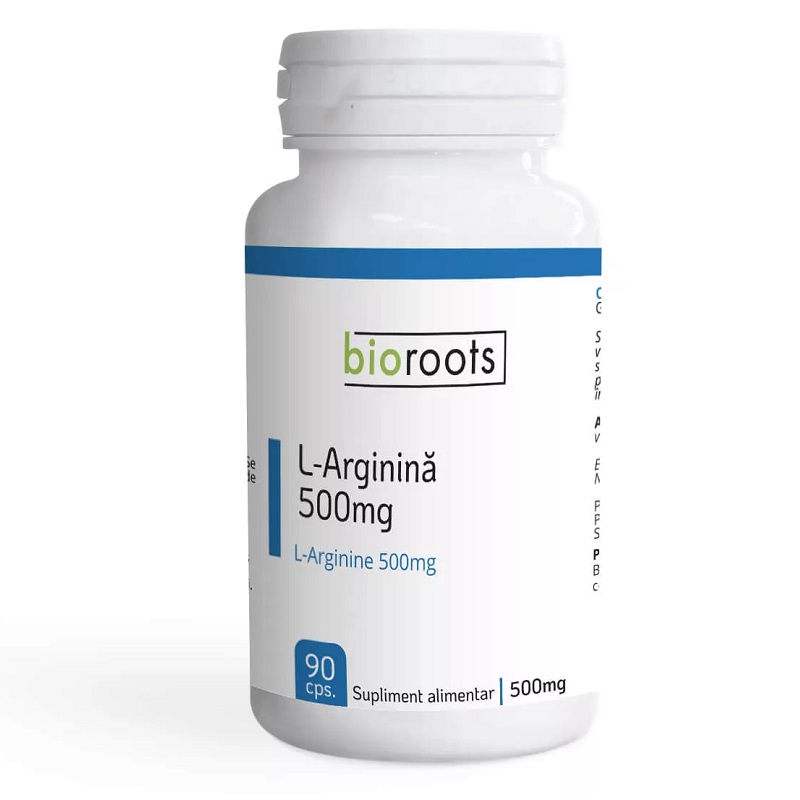 L-Arginină, 500 mg, 90 capsule vegetale, Bioroots