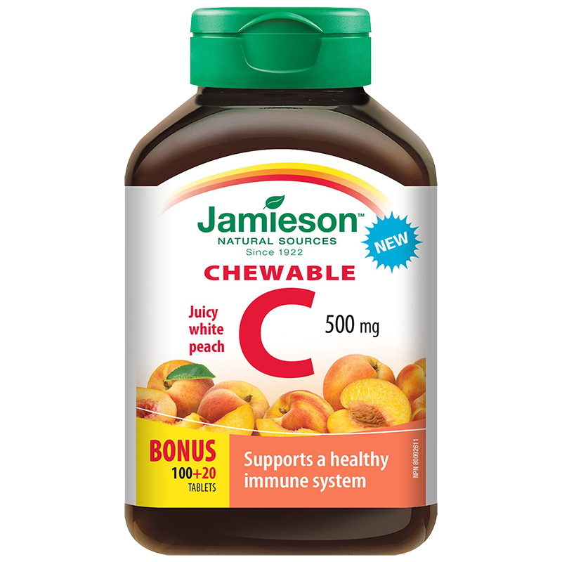 Vitamina C 500 mg aroma de piersici, 120 comprimate masticabile, Jamieson
