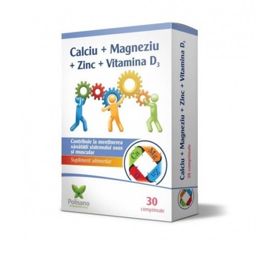 Calciu + Magneziu + Zinc + VItamina D3, 30 comprimate, Polisano Pharmaceuticals